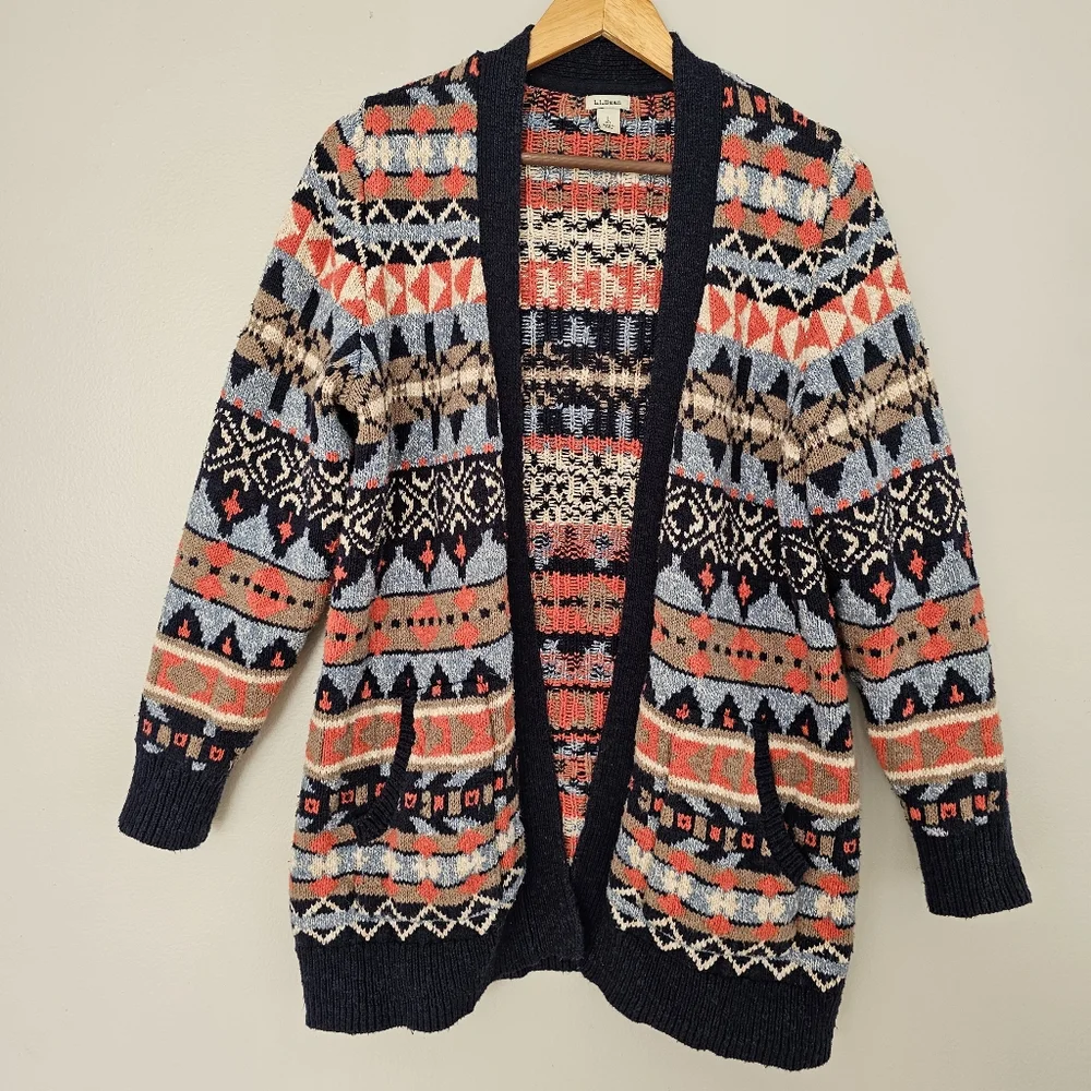 LL Bean cotton ragg open front cardigan sweater fair isle nordic heavyweight L - Picture 1 of 6
